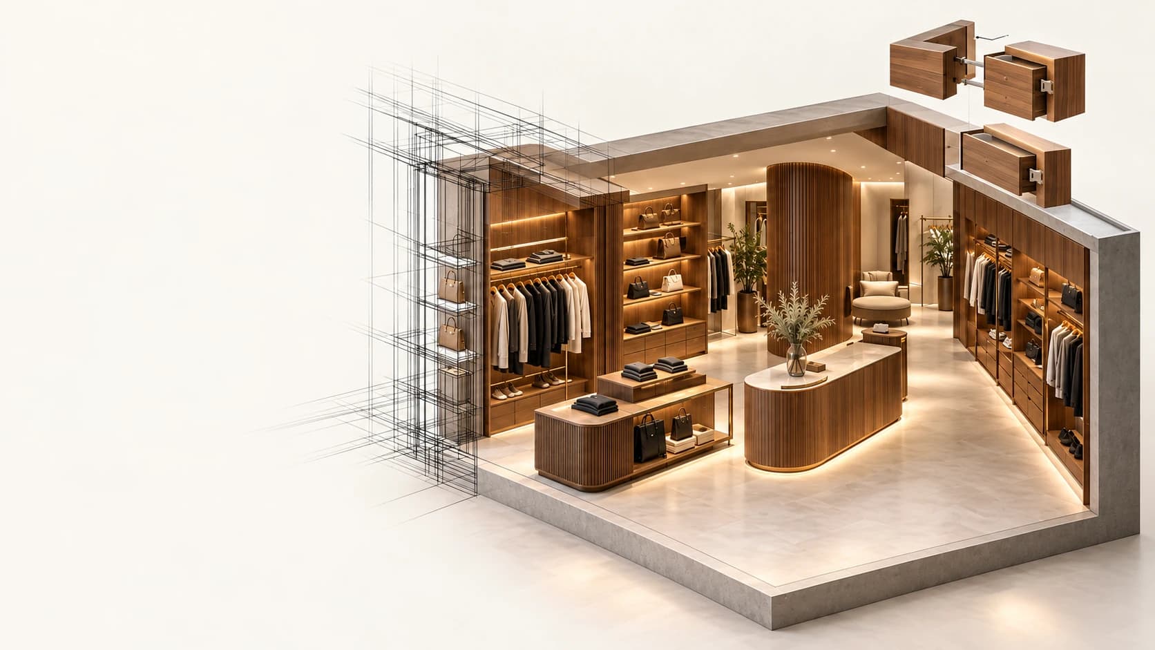 Visualización conceptual de una boutique en corte arquitectónico, con mobiliario de nogal y transición de líneas técnicas a materiales terminados
