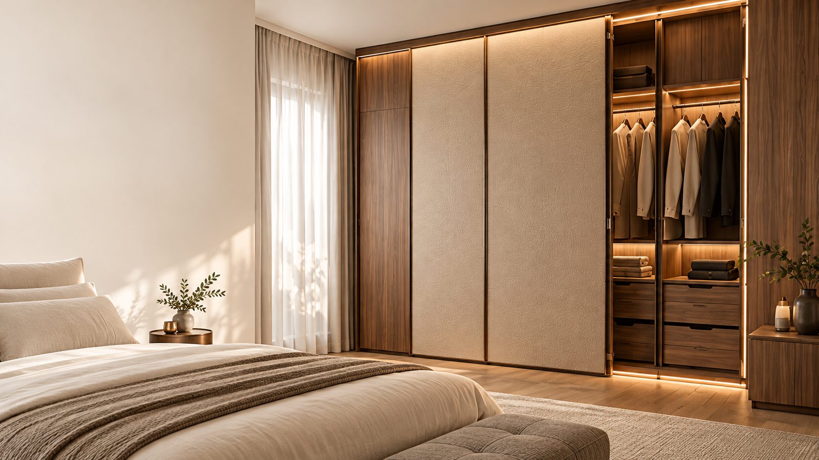 Dormitorio con armario a medida de madera y vestidor iluminado