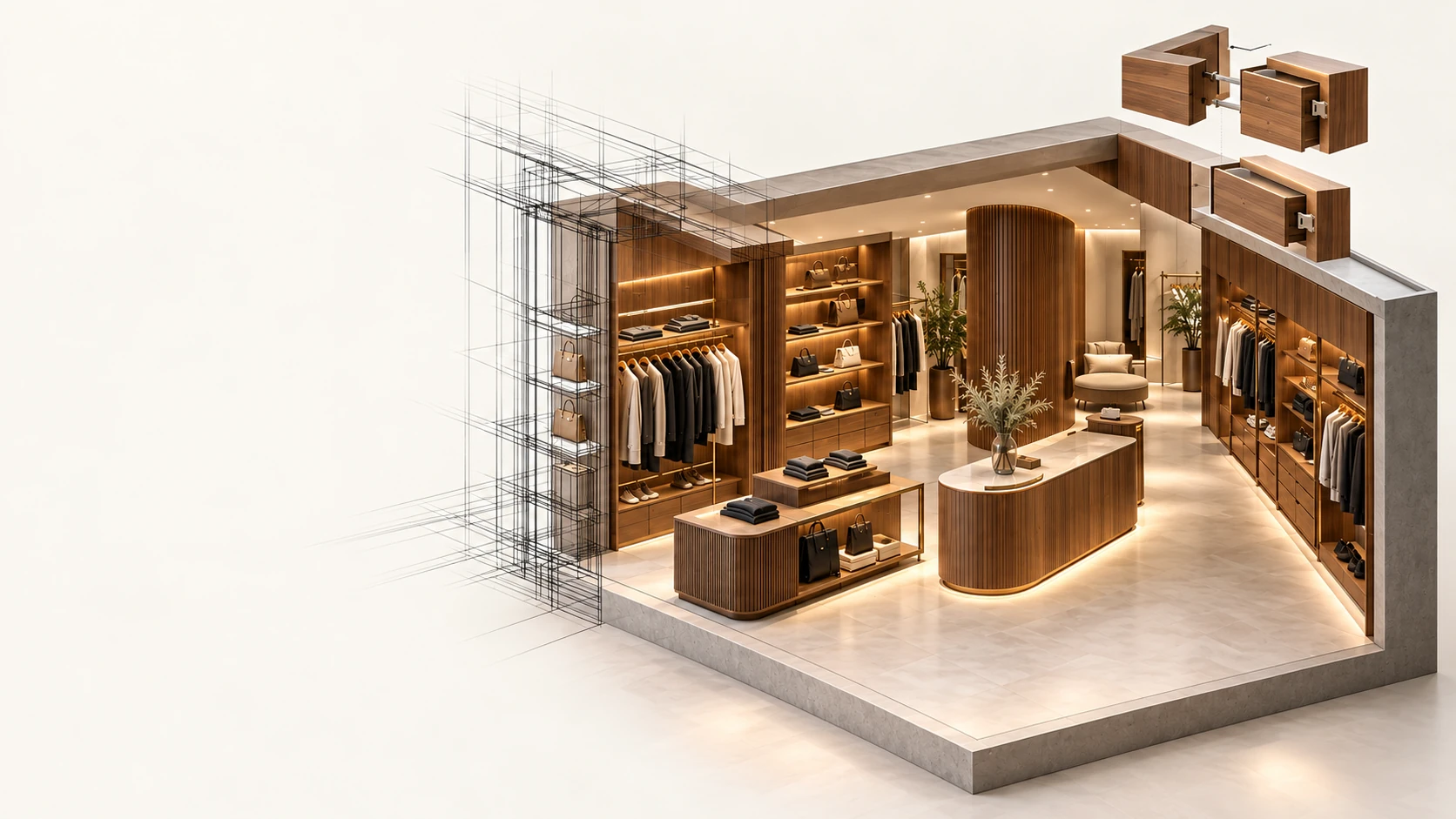 Interior de boutique con mobiliario de madera a medida